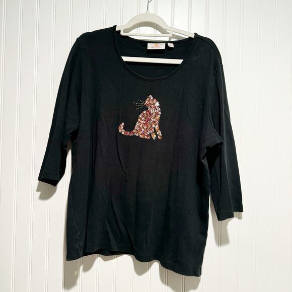 Quacker Factory Tops - Quacker Factory Black Sequined Cat Top Plus Size 1X
